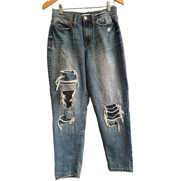 SO Women's High Rise Curvy Mom Distressed Stretch Back Denim Jeans Size 26 Blue - Picture 1 of 7